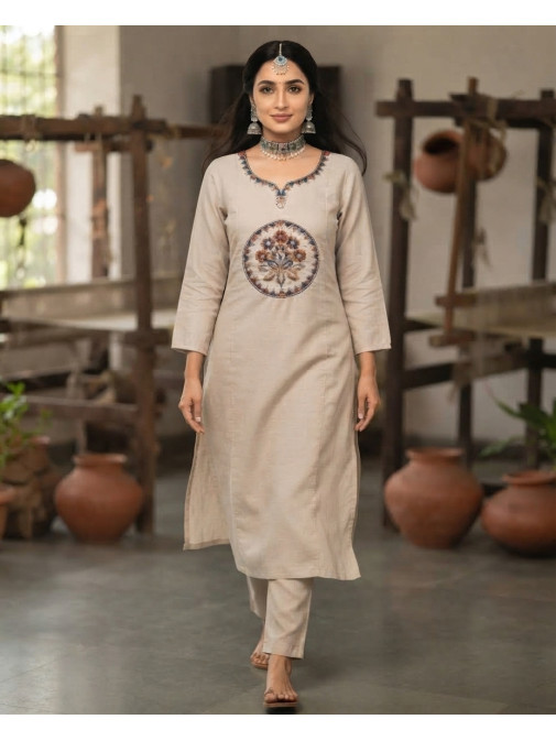 Ivory Heritage Floral Embroidered Kurta Set with Printed Dupatta