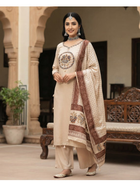 Ivory Heritage Floral Embroidered Kurta Set with Printed Dupatta