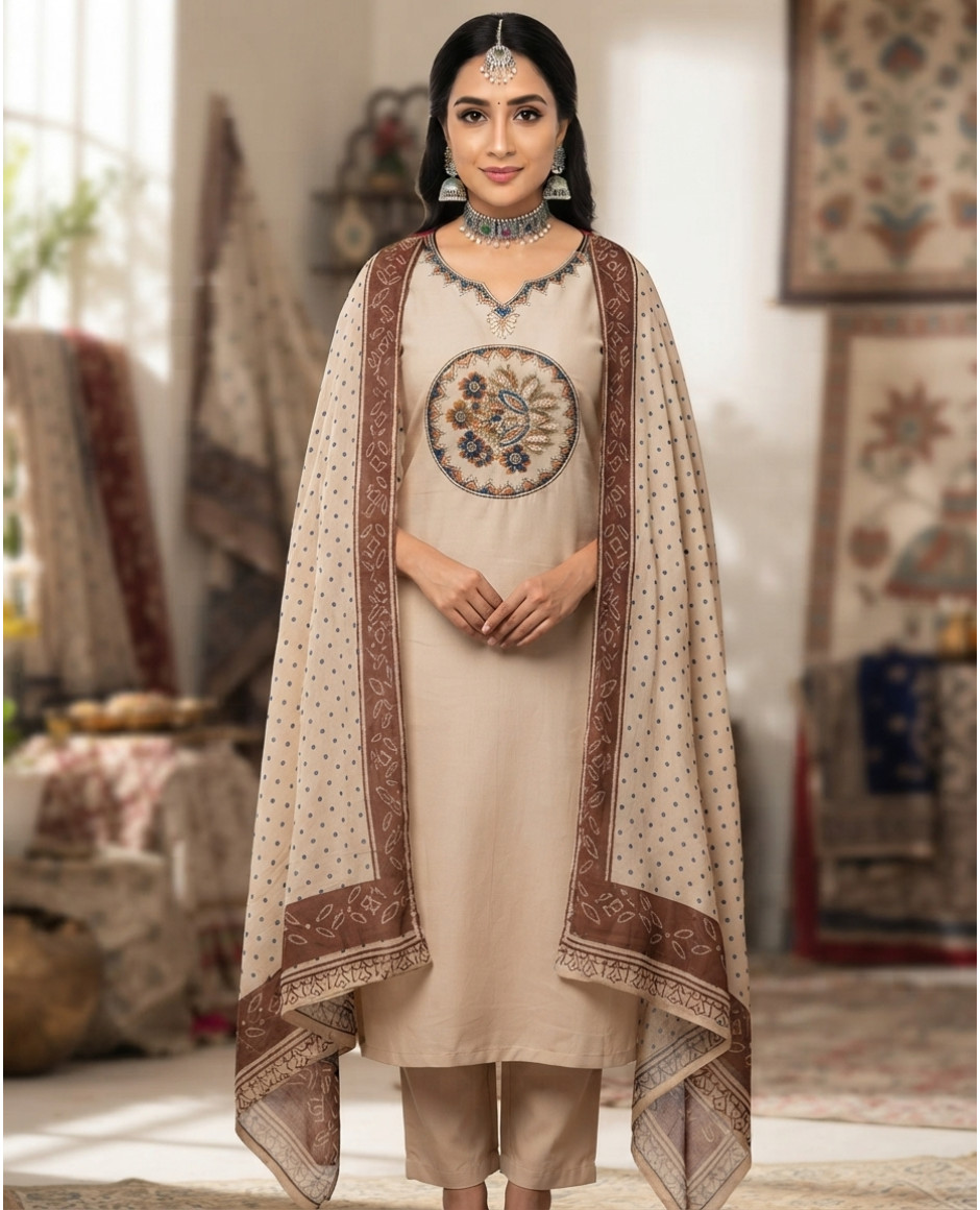 Ivory Heritage Floral Embroidered Kurta Set with Printed Dupatta