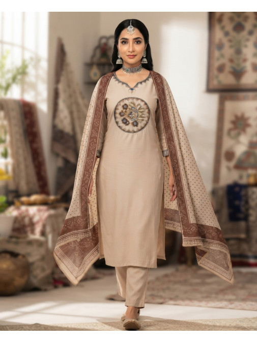 Ivory Heritage Floral Embroidered Kurta Set with Printed Dupatta
