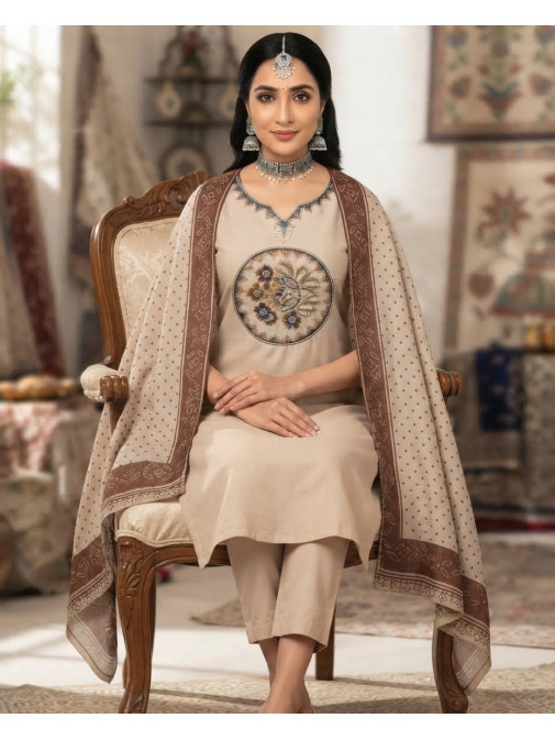 Ivory Heritage Floral Embroidered Kurta Set with Printed Dupatta