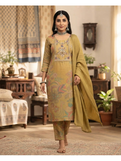 Golden Bloom Printed & Embroidered Kurta Set with Dupatta