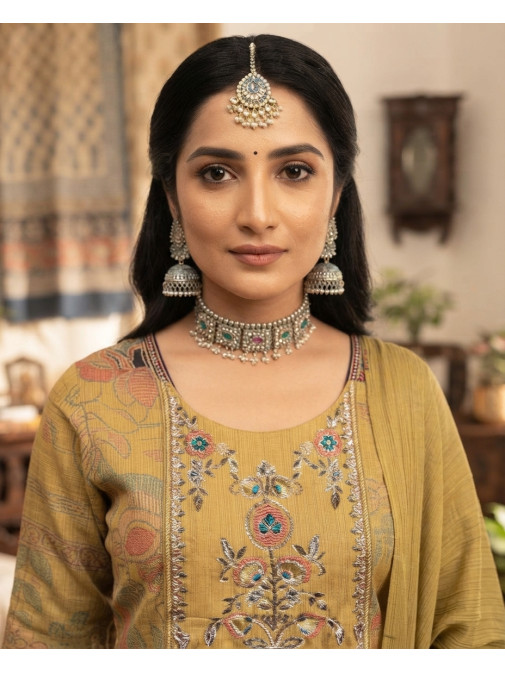 Golden Bloom Printed & Embroidered Kurta Set with Dupatta