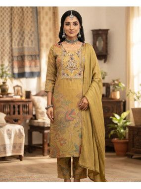 Golden Bloom Printed & Embroidered Kurta Set with Dupatta