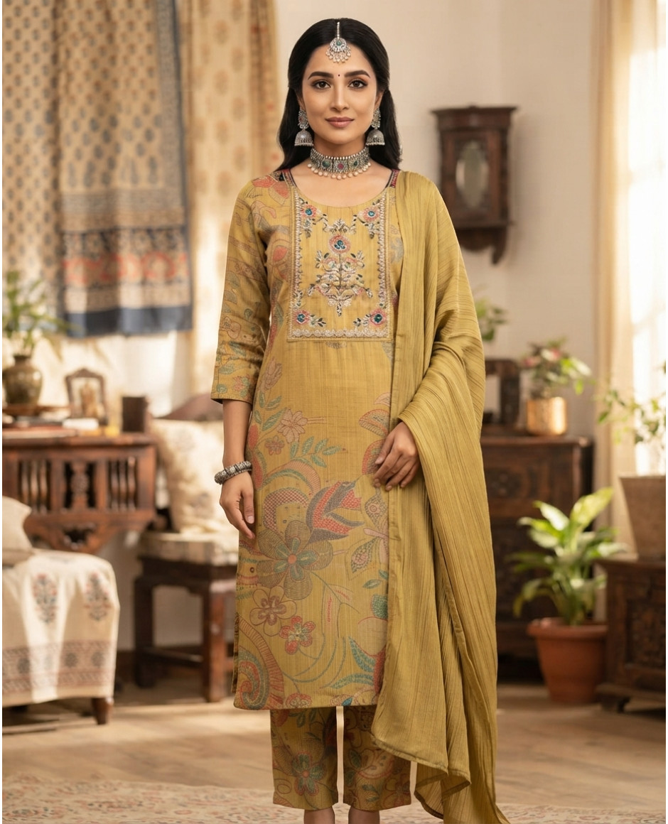 Golden Bloom Printed & Embroidered Kurta Set with Dupatta