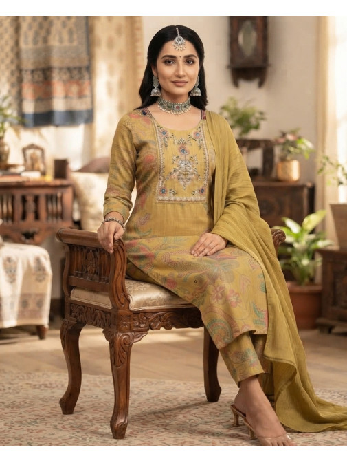 Golden Bloom Printed & Embroidered Kurta Set with Dupatta