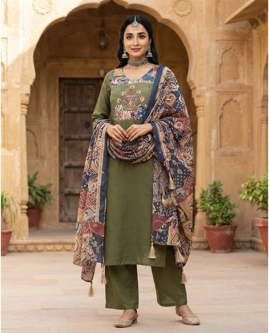 Royal Olive Heritage Printed Kurta Set with Artisanal Dupatta