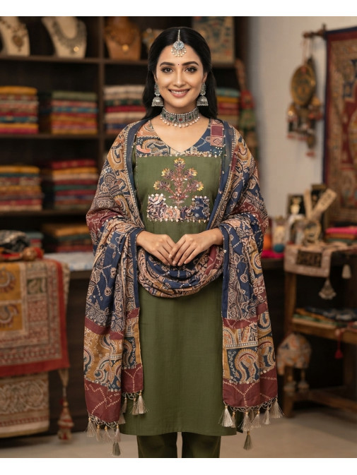 Royal Olive Heritage Printed Kurta Set with Artisanal Dupatta