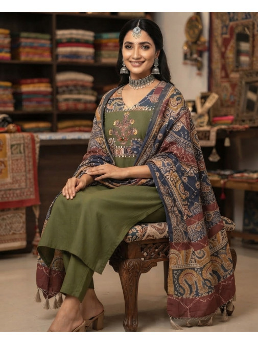 Royal Olive Heritage Printed Kurta Set with Artisanal Dupatta
