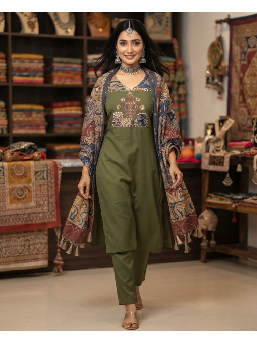 Royal Olive Heritage Printed Kurta Set with Artisanal Dupatta