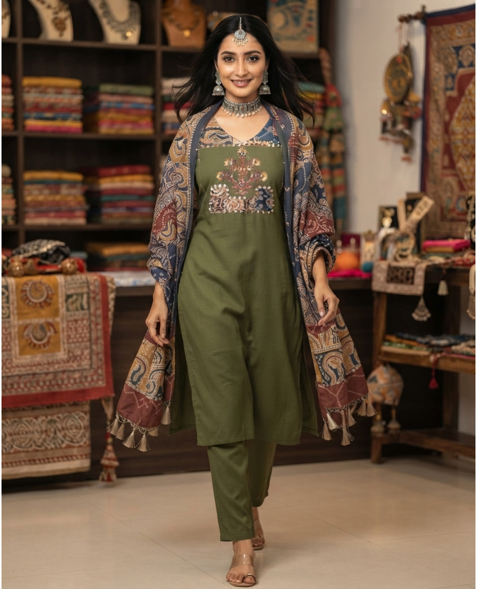 Royal Olive Heritage Printed Kurta Set with Artisanal Dupatta