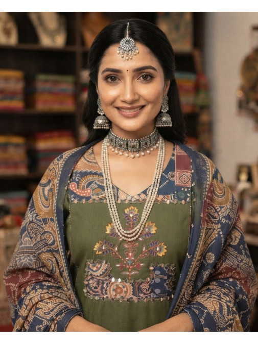 Royal Olive Heritage Printed Kurta Set with Artisanal Dupatta