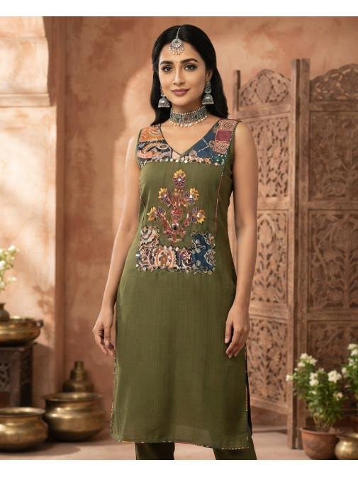 Royal Olive Heritage Printed Kurta Set with Artisanal Dupatta