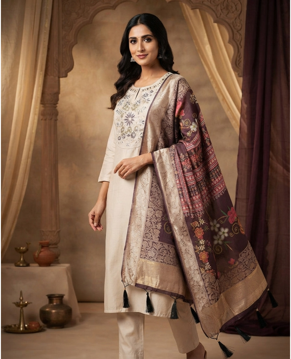 Royal Plum Floral Jacquard Dupatta Kurta Set