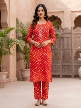 Red Leheriya Print Kurta Set