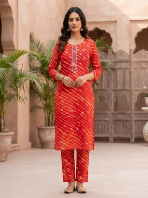 Red Leheriya Print Kurta Set