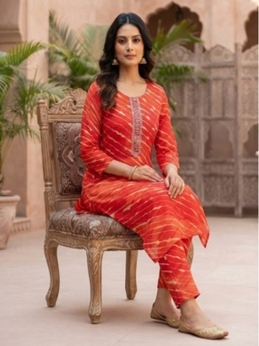 Red Leheriya Print Kurta Set