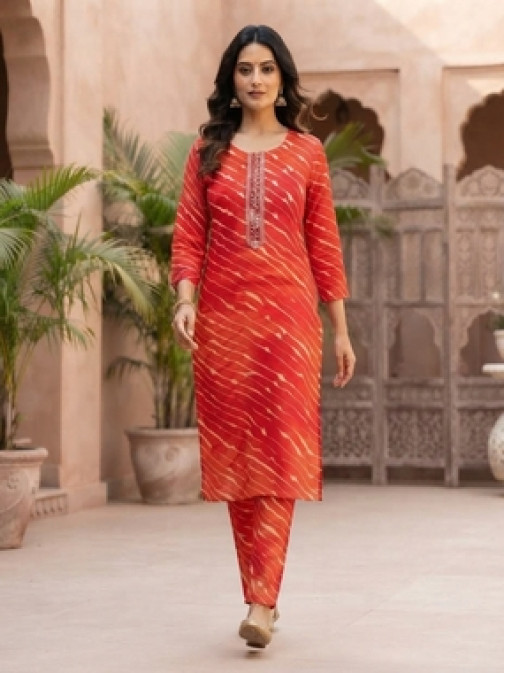 Red Leheriya Print Kurta Set