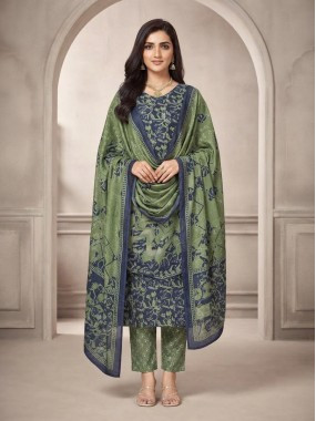 Royal Garden Olive Green Printed Suit Set