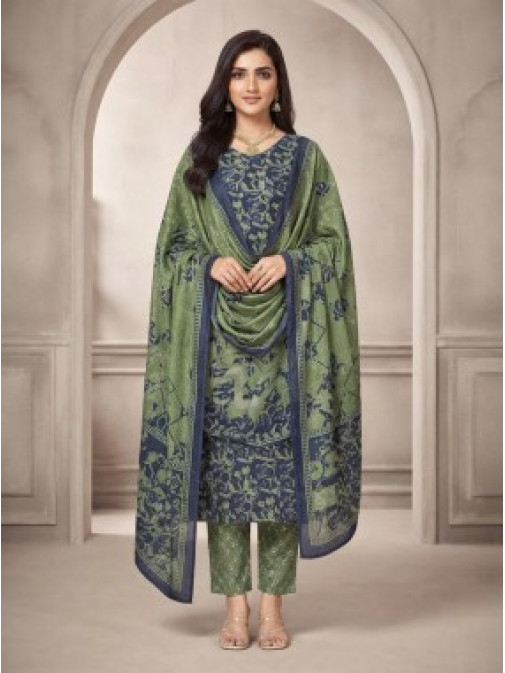 Royal Garden Olive Green Printed Suit Set