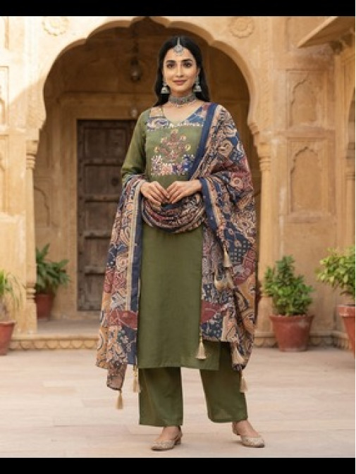 Royal Olive Heritage Printed Kurta Set with Artisanal Dupatta