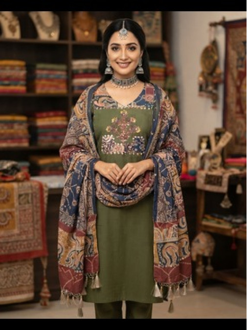 Royal Olive Heritage Printed Kurta Set with Artisanal Dupatta