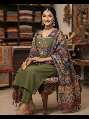 Royal Olive Heritage Printed Kurta Set with Artisanal Dupatta