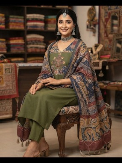Royal Olive Heritage Printed Kurta Set with Artisanal Dupatta