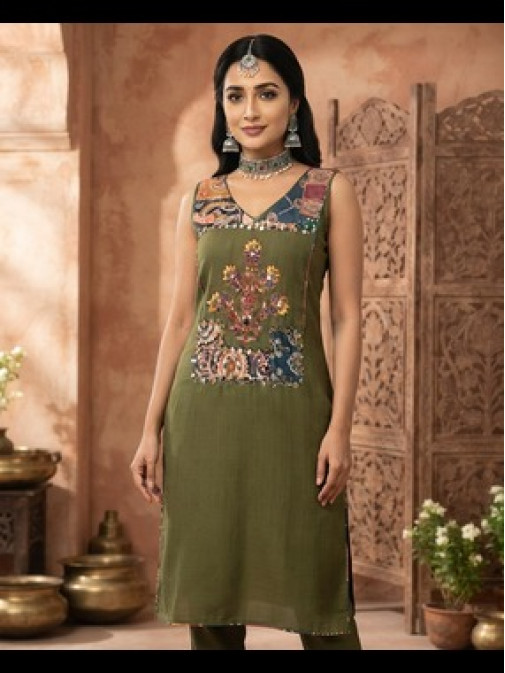 Royal Olive Heritage Printed Kurta Set with Artisanal Dupatta