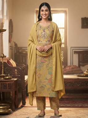 Golden Bloom Printed & Embroidered Kurta Set with Dupatta