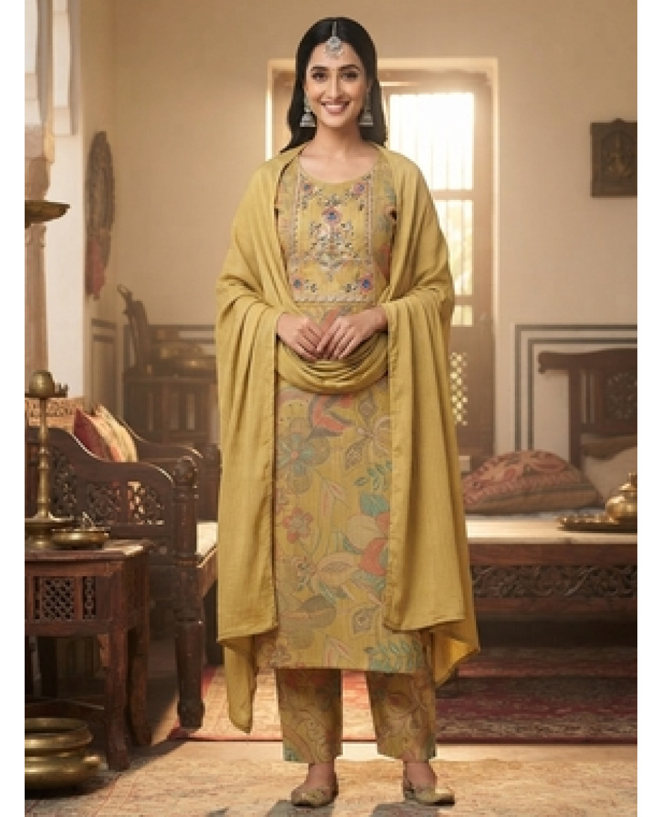 Golden Bloom Printed & Embroidered Kurta Set with Dupatta