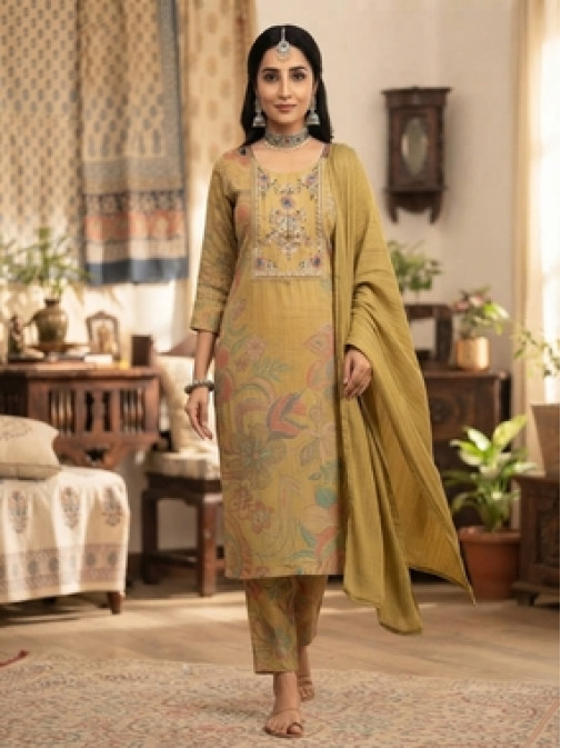 Golden Bloom Printed & Embroidered Kurta Set with Dupatta