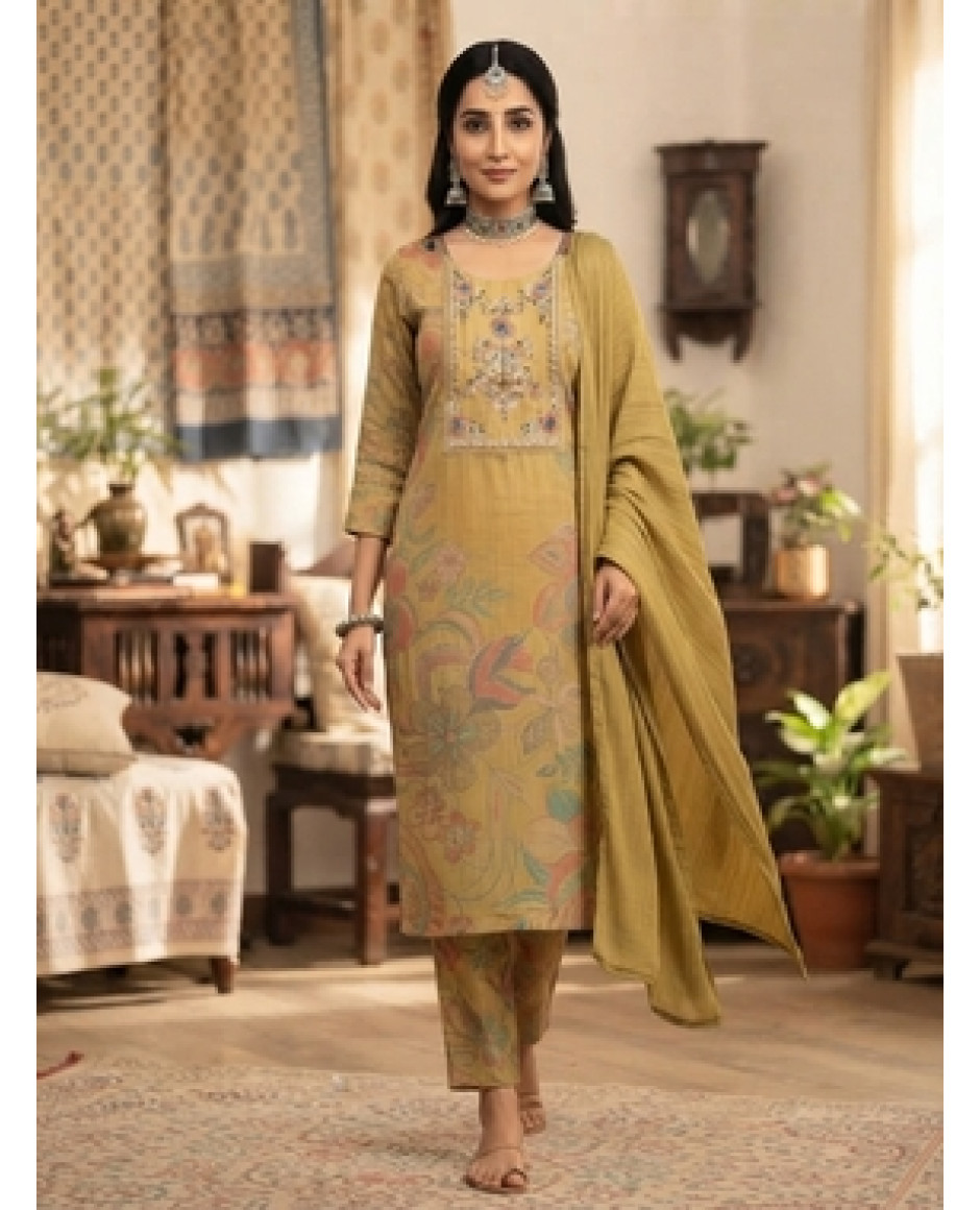 Golden Bloom Printed & Embroidered Kurta Set with Dupatta