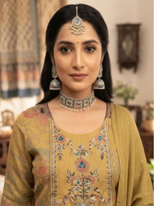 Golden Bloom Printed & Embroidered Kurta Set with Dupatta