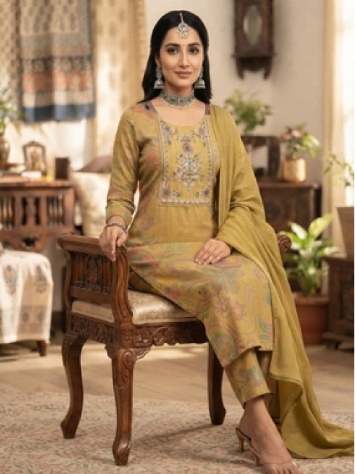 Golden Bloom Printed & Embroidered Kurta Set with Dupatta