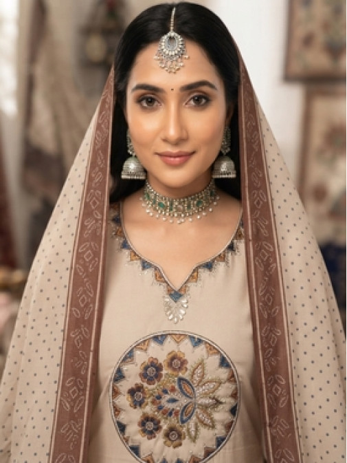 Ivory Heritage Floral Embroidered Kurta Set with Printed Dupatta Ivory Heritage Floral Embroidered Kurta Set with Printed Dupatta