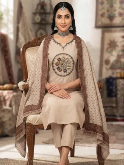 Ivory Heritage Floral Embroidered Kurta Set with Printed Dupatta Ivory Heritage Floral Embroidered Kurta Set with Printed Dupatta
