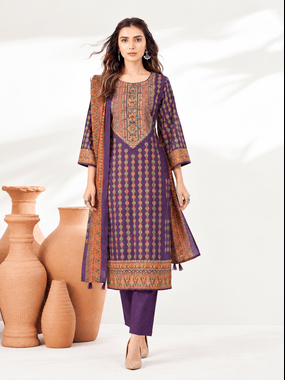 Royal Plum Printed Kurta Pant Dupatta Set