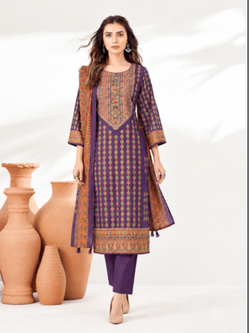 Royal Plum Printed Kurta Pant Dupatta Set