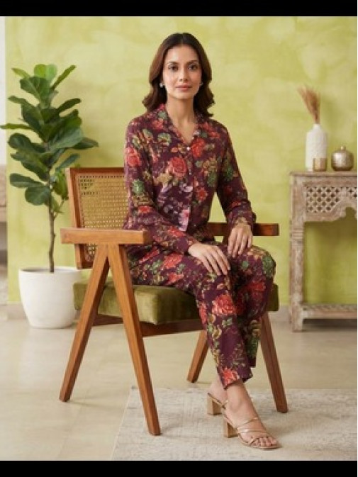 Wine Blossom Casual Co-ord Set